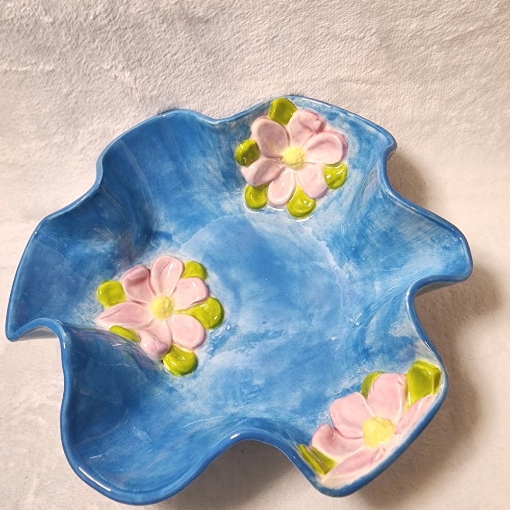 Handmade Ceramic Dish Glazed Blue with Pink Flowers 7" Unique Wavy Edge Bowl